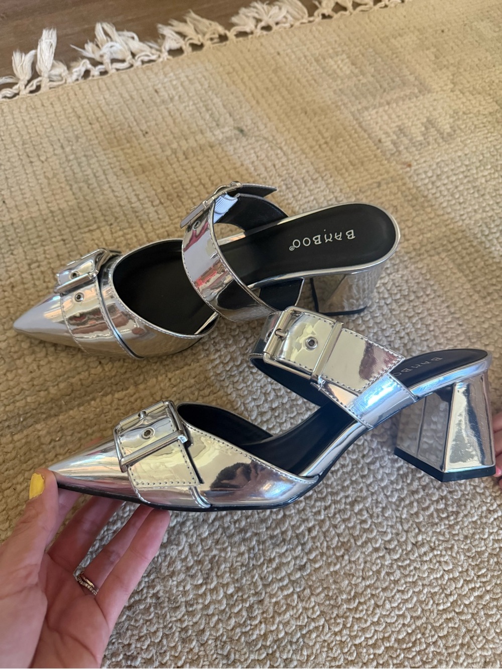 BAMBOO Metallic Silver Pointed Buckle Block Heel Mules